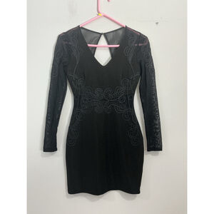 Womans Guess Size Xs Black Sheer Sleeves Embroidered Cocktail Dress